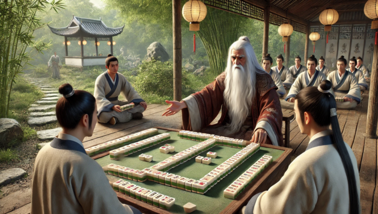 an old man teaching children rules of mahjong in a garden