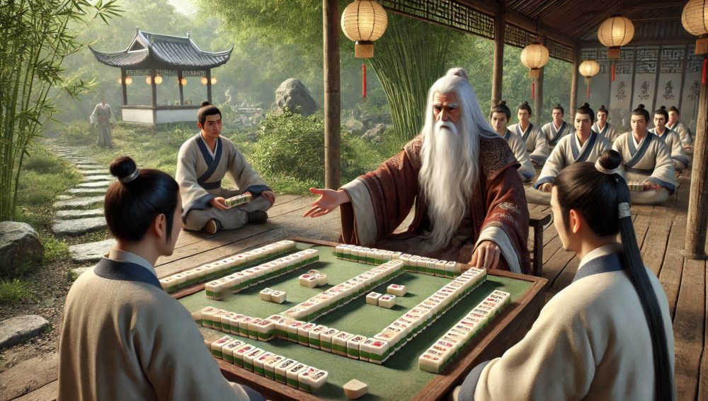 an old man teaching children rules of mahjong in a garden