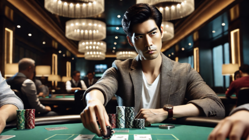 a player at poker table putting a bet in
