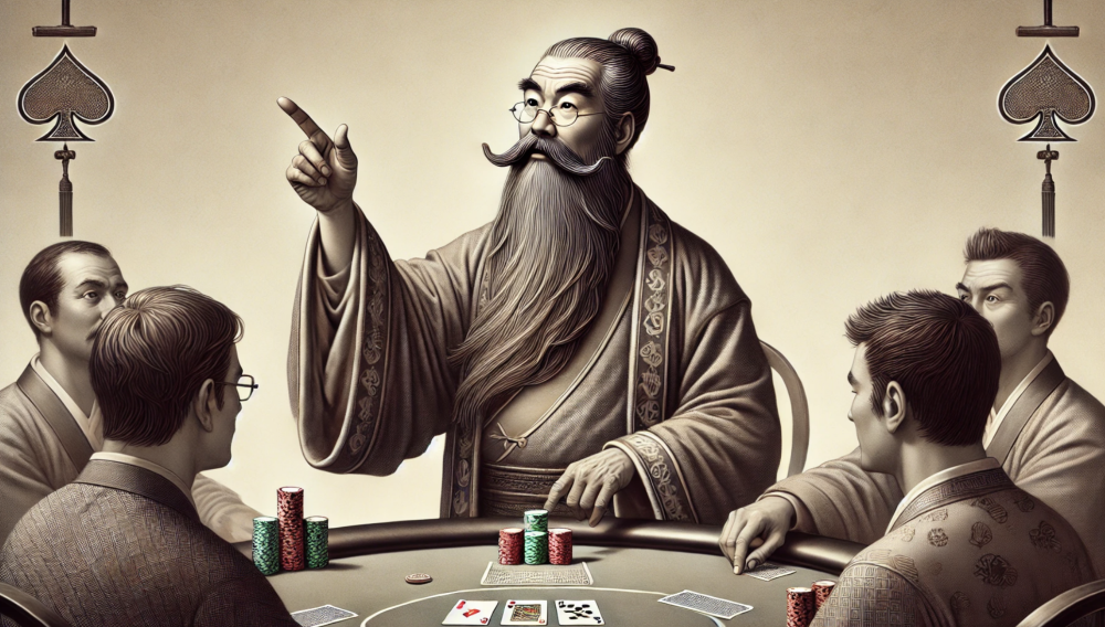 an old wise man teaching how to play poker in sepia tone