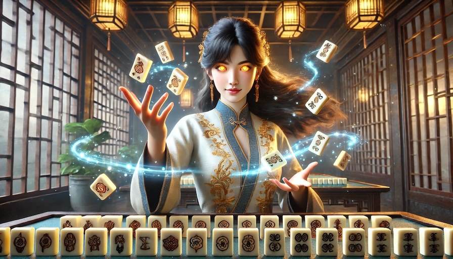 Attractive female mahjong master using magic to make mahjong tiles float