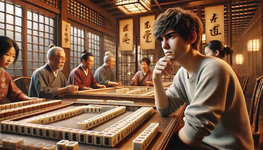 An Asian male student of mahjong thinking hard as he plays against more experienced players