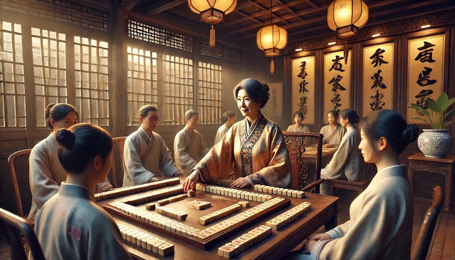 Wise mahjong instructor wearing classic Chinese attire teaching students in a traditional setting