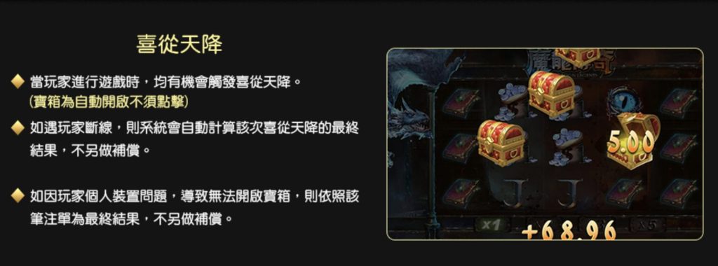 A fantasy-themed game interface showcasing the Heavenly Blessings feature, where golden treasure chests automatically open to reveal rewards. The image highlights in-game bonuses, immersive slot mechanics, and a mystical casino gaming experience for Magic Dragon Legend electronic slot machine game.