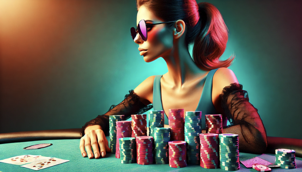 colorful image of girl at the poker table with large stack of chips wearing sunglasses