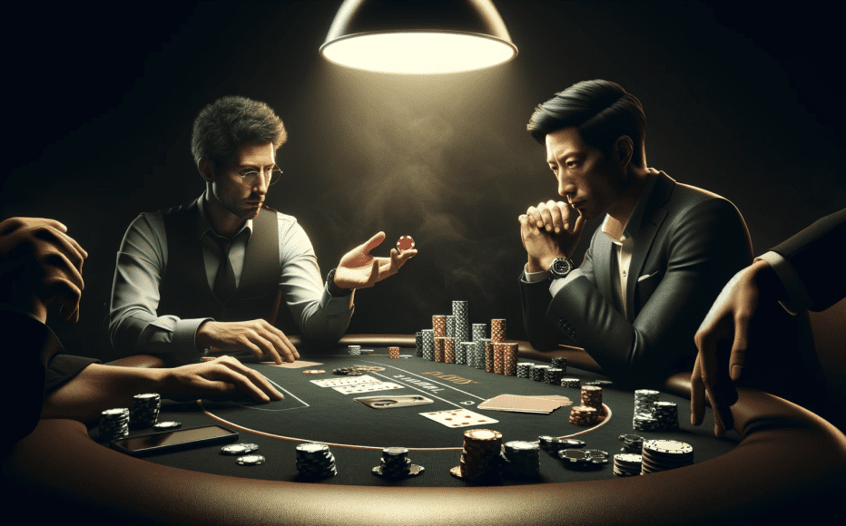 men playing poker at a table in a dark smokey room