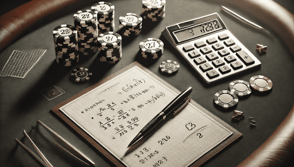 poker chips with pen and pad and calculator with math calculations