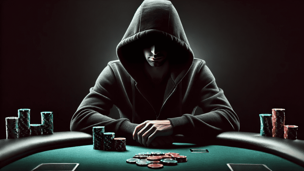 hooded poker player looking mysterious at a table