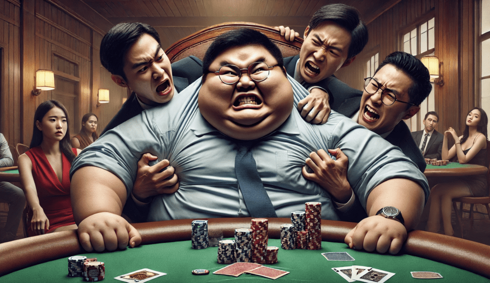 an overweight poker player squeeing into a poker table with angry players behind him