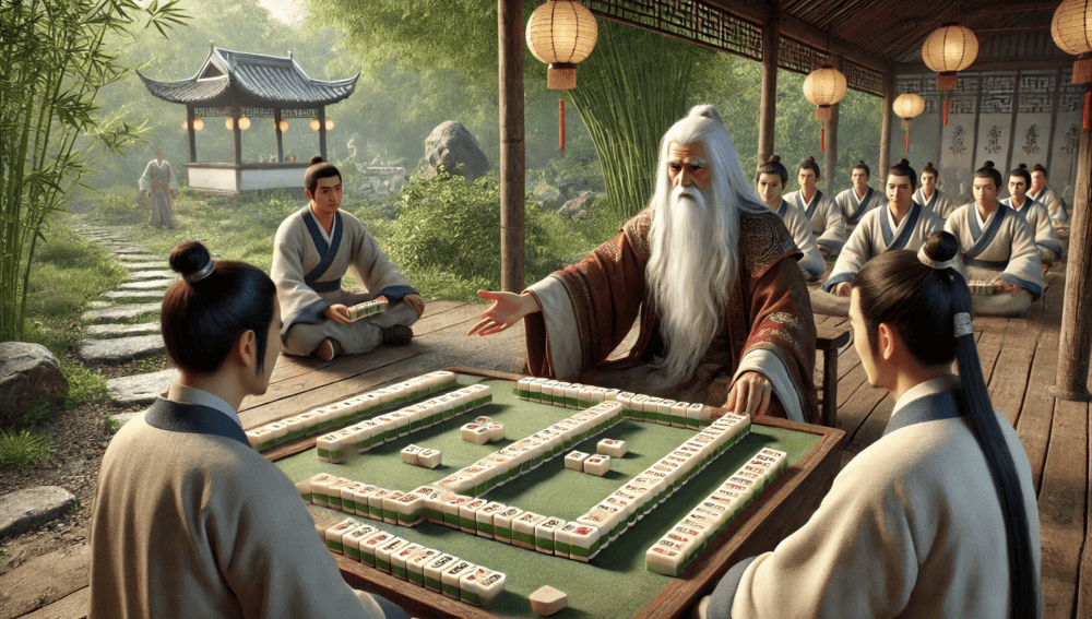 an old man teaching children rules of mahjong in a garden