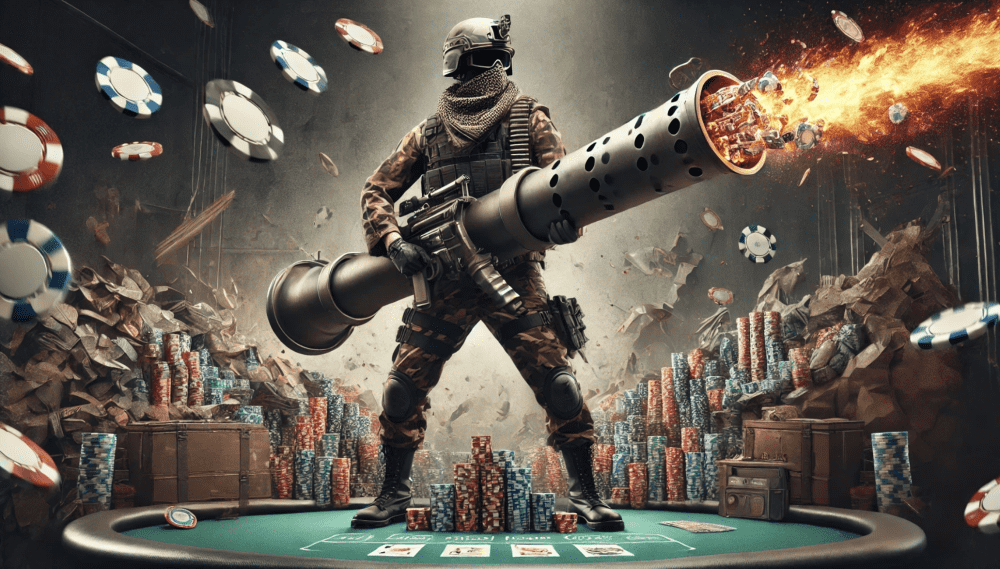 a solider holding a cannon at a poker table shooting out poker chips