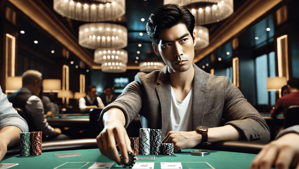 a player at poker table putting a bet in
