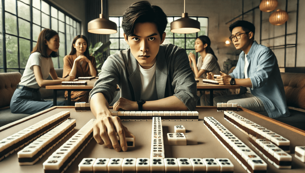 man aggressively setting mahjong tile on the table looking straight at you