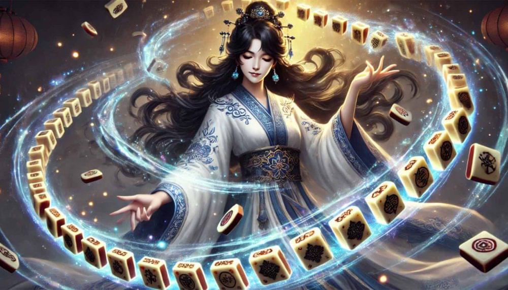 A beautiful sorceress surrounded by glowing mahjong tiles.