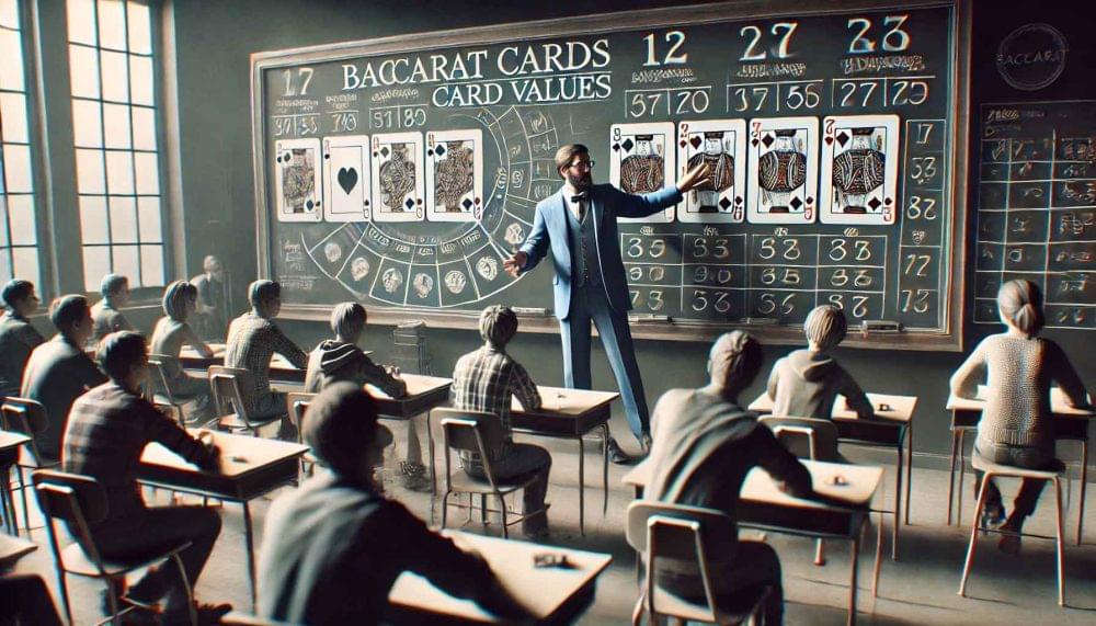 A professor wearing a light blue suit teaching students how to play baccarat in a classroom
