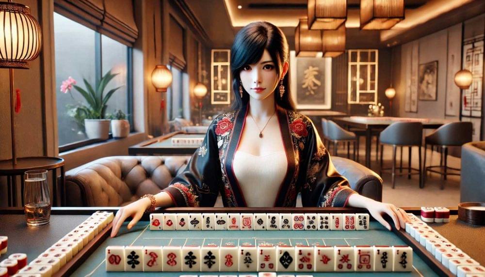 A young woman wearing a black kimono with a red floral pattern sits confidently at a mahjong table in an elegant room with warm lighting, showcasing her expertise and readiness to play mahjong.