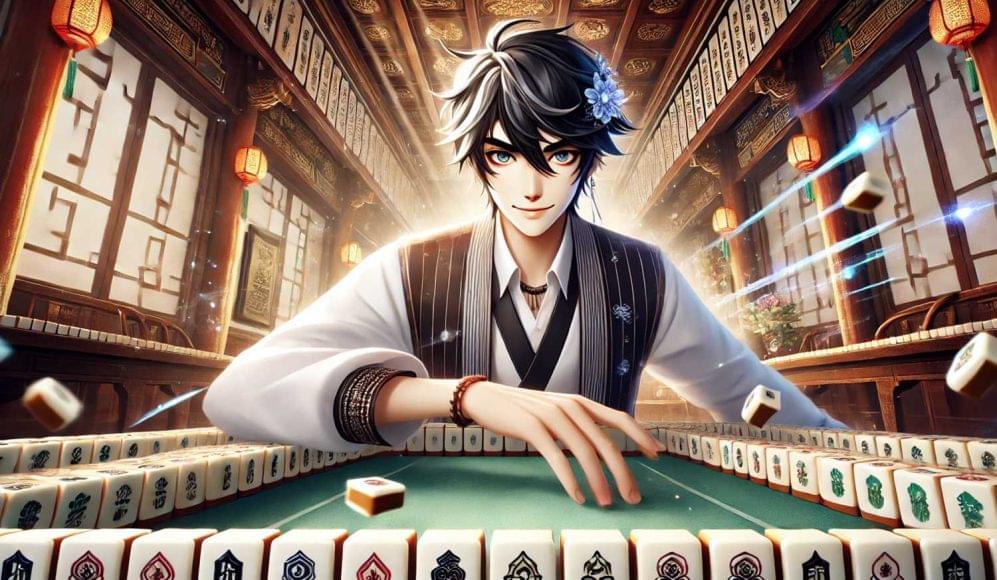 A skilled Mahjong player with intense focus prepares to make a winning move in a traditional, ornate Asian setting