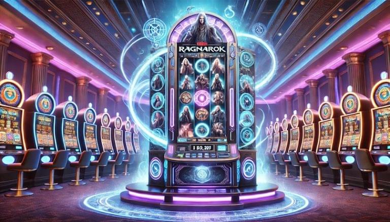 A mystical slot machine glowing with light blue magic sitting in the middle of a casino