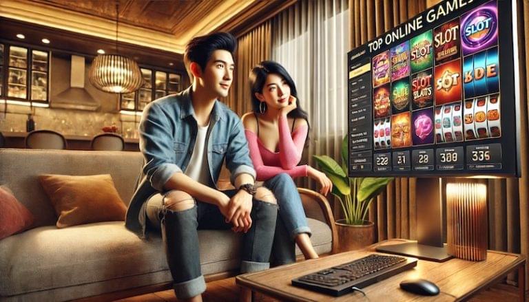 An Asian male wearing a light blue shirt and female wearing a pink shirt evaluating slot games from a computer in their modern living room